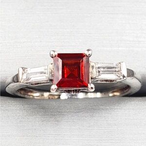 Genuine Red Princess Cut Garnet & White Topaz 925 Sterling Silver Ring